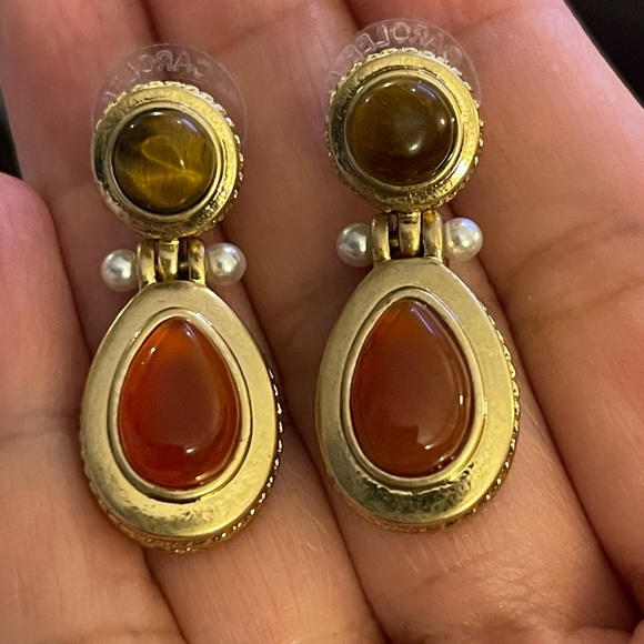 Carolee natural carnelian tigers eye freshwater pearl gold drop earrings - Picture 5 of 10